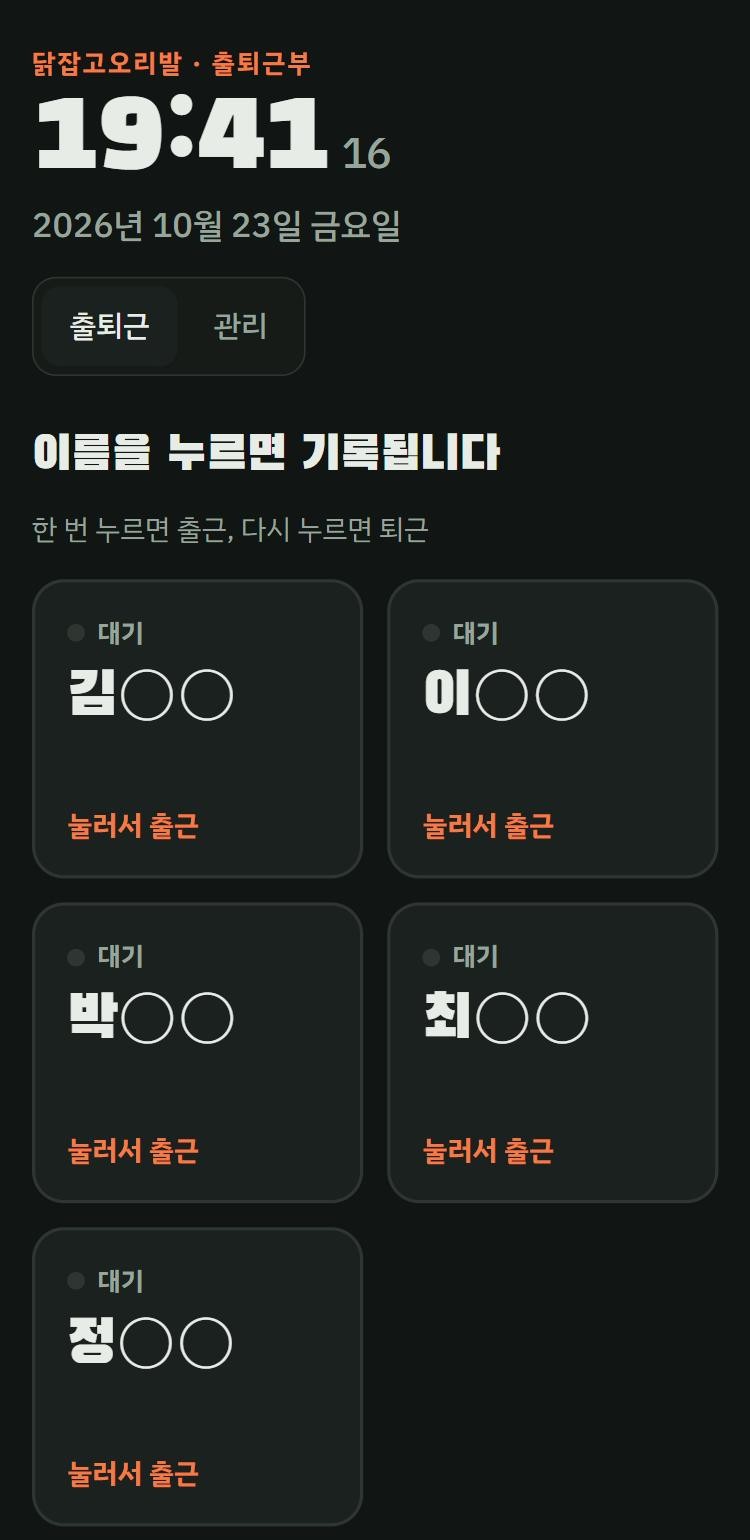 매장 출퇴근부 화면. 큰 시계와 날짜 아래로 직원 이름 카드가 놓여 있고 각 카드에 눌러서 출근이라고 적혀 있다