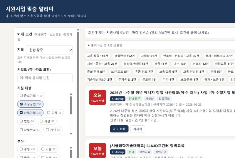 지원사업 맞춤 알리미 화면. 왼쪽에 지역·키워드·지원대상 필터, 오른쪽에 마감 임박순 공고 목록