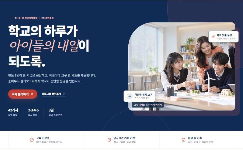 진로체험 교육기관 홈페이지 첫 화면. 큰 제목과 수업 사진, 주요 수치 요약